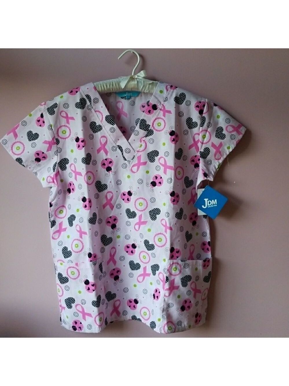 SCRUB Top Nurse Uniform Medical School Scrubs Dental Attire Pink Cancer Ribbons